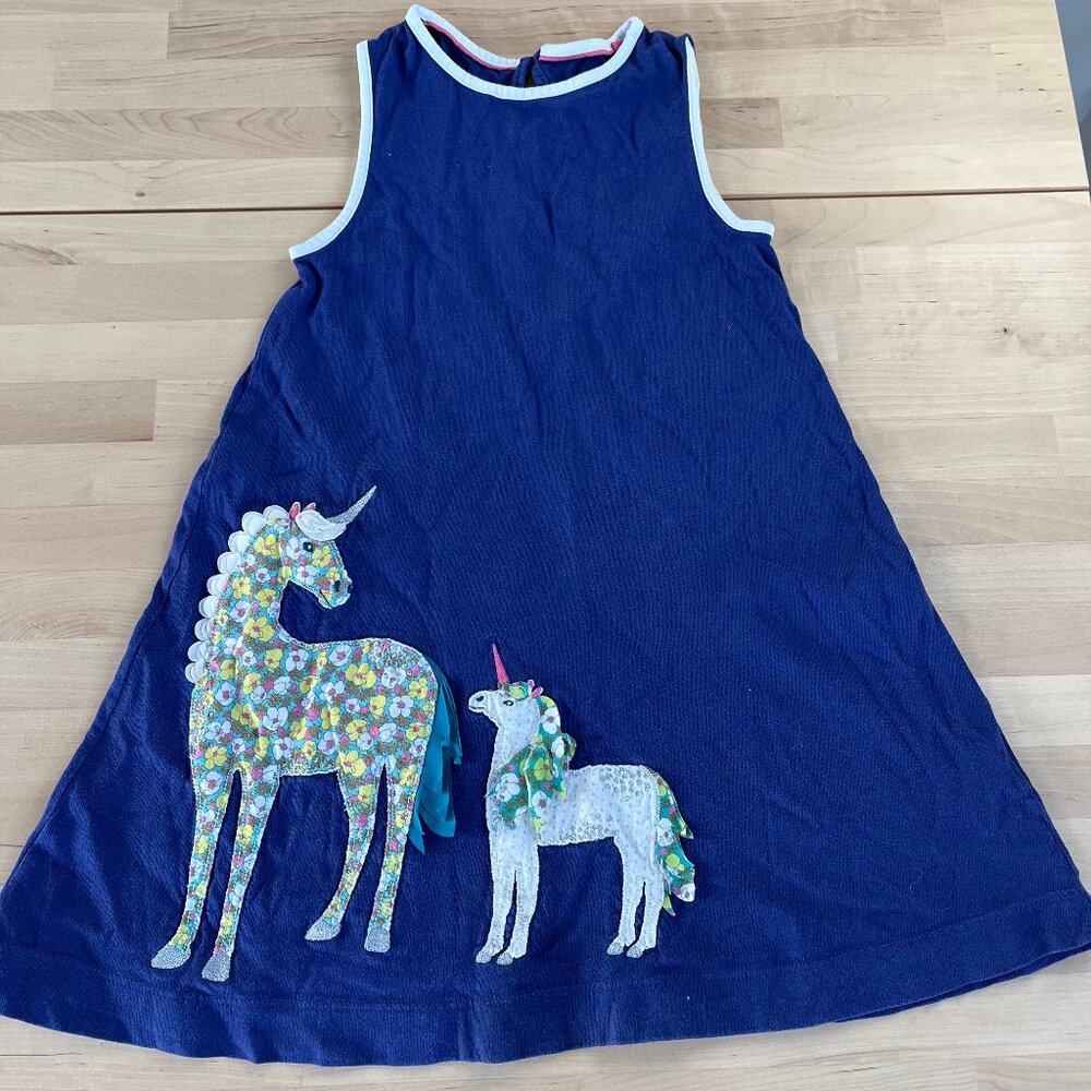 Mini Boden dress with unicorn appliqué, size 6-7